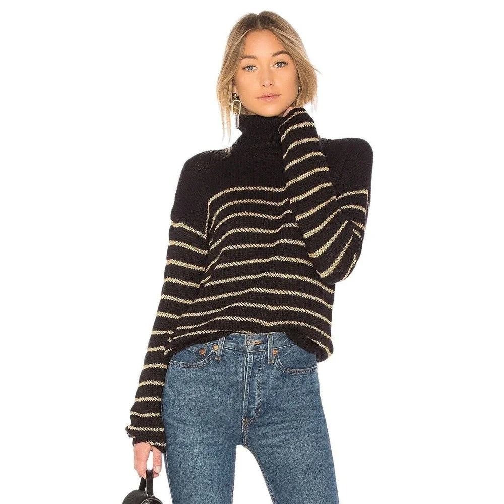 A.L.C. Womens Black Gold Metallic Striped Turtleneck Knit Sweater‎ NWT